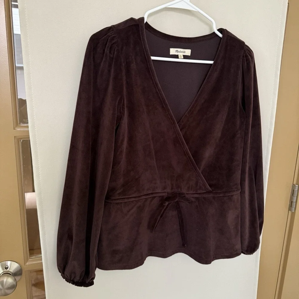 Madewell Womens XS Brown Spiced Raisin Corduroy Tie-Front Faux-Wrap Top‎ Blouse